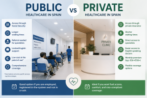 Public vs private healthcare in Spain comparison infographic